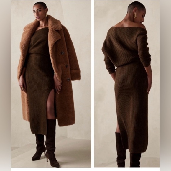 Banana Republic Colleta Off Shoulder Midi Sweater Dress Wool Womens Medium Brown - Picture 3 of 9